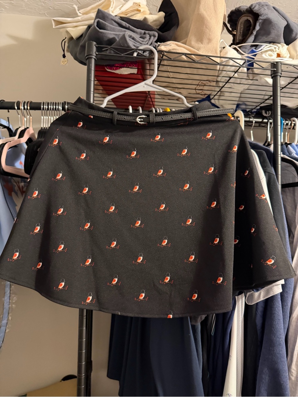 Yumi Black Circle Skirt with Red Bird Motif